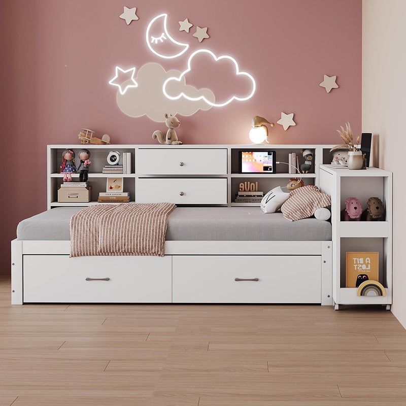 Rozkładana sofa 90 x 200 cm, ukryta szafka do przechowywania i półki, duża szuflada, gniazdo wielofunkcyjne, wysuwane biurko, drewniane łóżko, białe