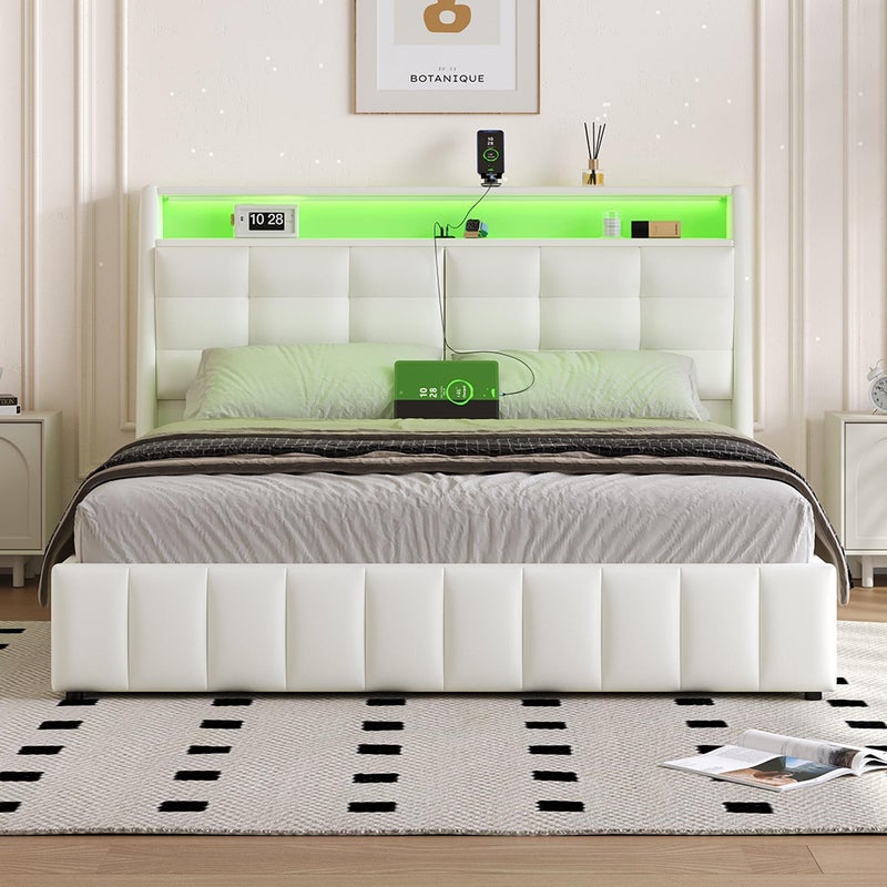 Łóżko hydrauliczne 160 x 200 cm, z oświetleniem LED i portami USB, schowkiem pod łóżkiem, regulowanym zagłówkiem, białe