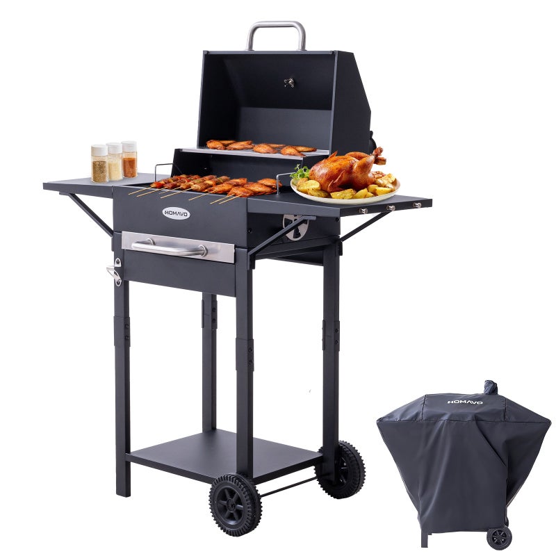 HOMAVO Grill Węglowy, Powierzchnia Grzewcza: 45×32 cm, Emaliowany Ruszt Główny, Półką do Podgrzewania, Termometrem, Kominem, Pokrowiec Ochronny