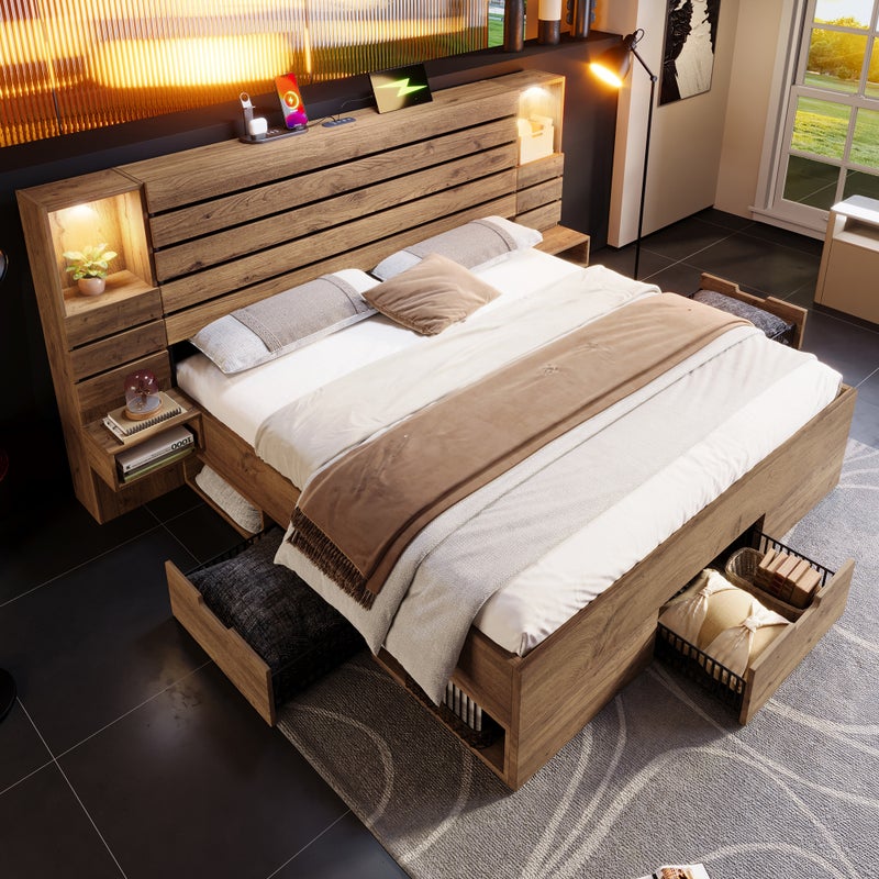 Łóżko dla dorosłych 180x200 cm z drewna i płyty MDF - z wiszącą szafką nocną - z oświetleniem LED i gniazdkami do ładowania - Naturalne