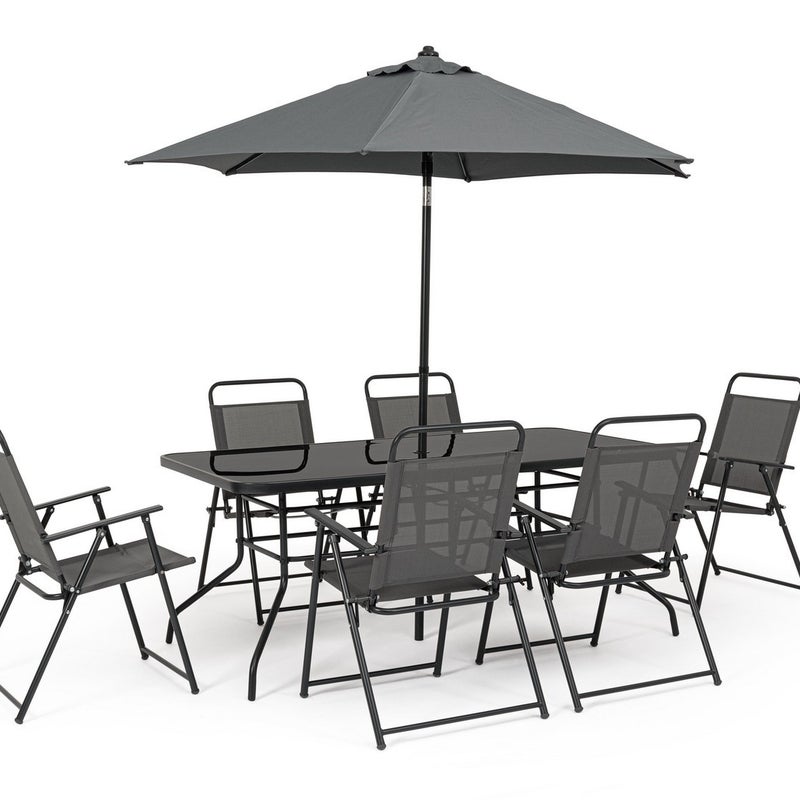 Zestaw stół i 6 krzeseł ze stali i tkaniny tekstylnej z parasolem i blatem ze szkła hartowanego. Antracyt.