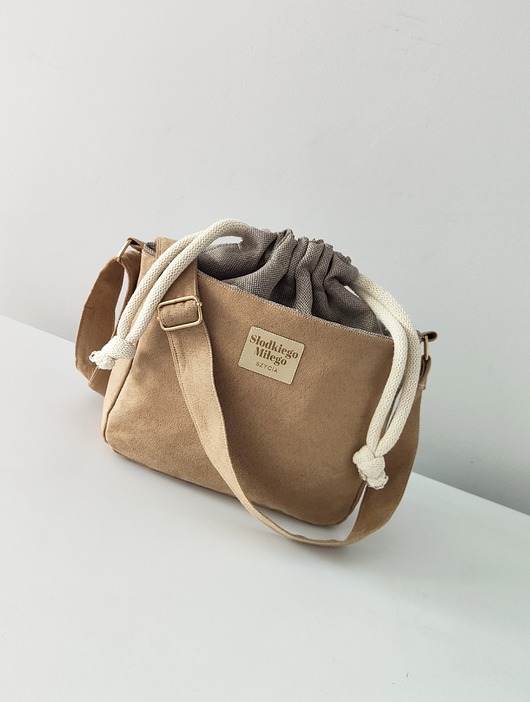 Torebka SOFIA Beige-mała, beżowa torebka z kominem z nubuku