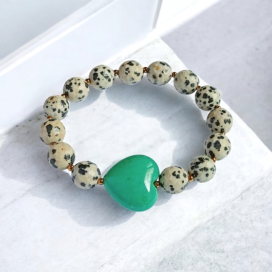 Jaspis dalmatyński i serce : MORSKA ZIELEŃ : bransoletka na gumce