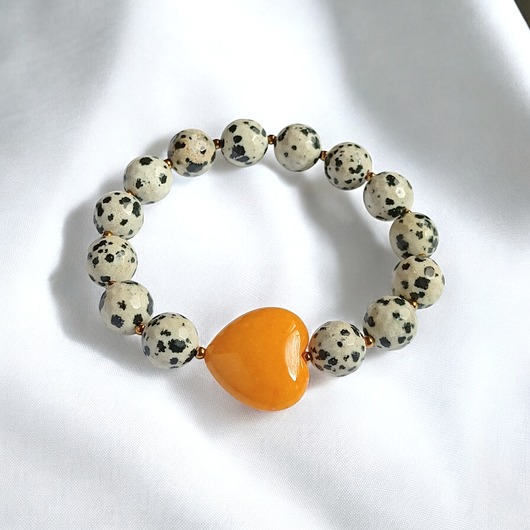 Jaspis dalmatyński i serce : MIODOWE : bransoletka na gumce