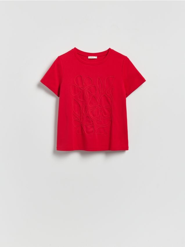 Reserved - T-shirt z kwiatową aplikacją - czerwony