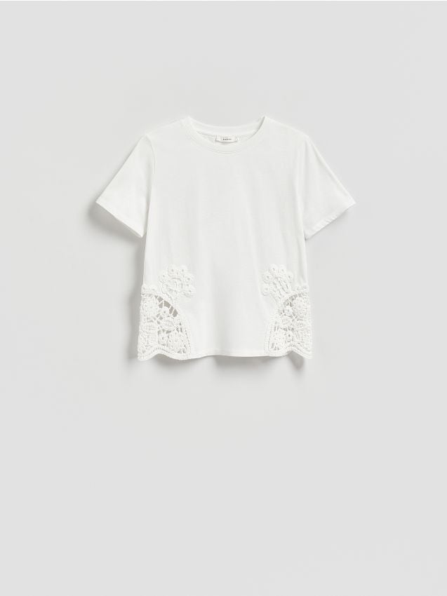 Reserved - T-shirt z ażurową wstawką - biały