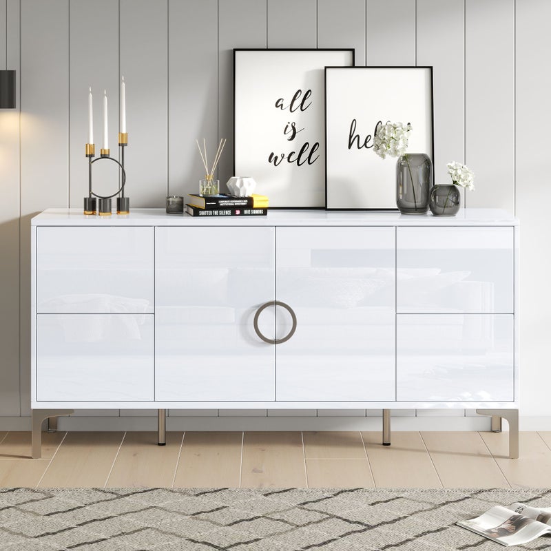 Komoda lakierowana na połysk, 150 x 38 x 59,5 cm - Z 4 szufladami i 2 drzwiami - Metalowe nogi - Płyta MDF - Biała
