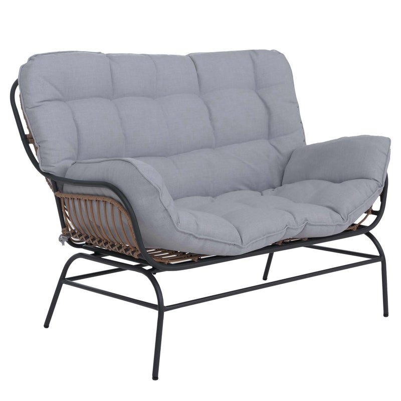 Sofa dwuosobowa HWC-P75, sofa ogrodowa Ławka ogrodowa Kanapa dwuosobowa, tkanina 220 g/m² Polirattan Metal ~ ciemnoszary, tapicerka jasnoszara