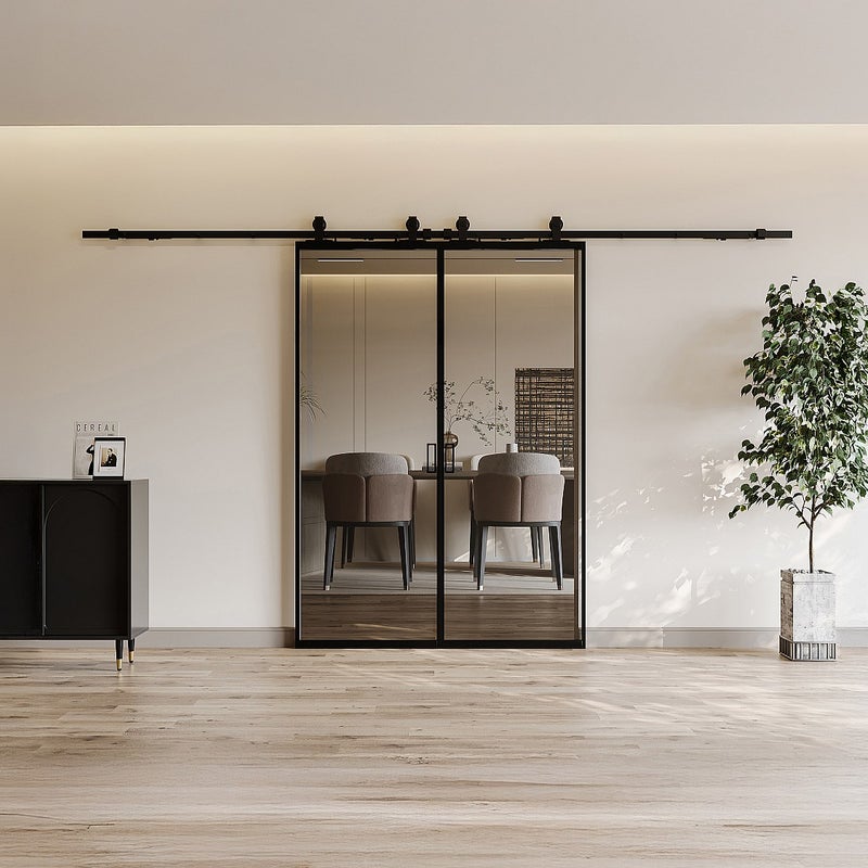 Drzwi przesuwne podwójne z naściennym systemem przesuwnym – aluminium i szkło hartowane przydymione – 2 x wys. 205 x dł. 63 cm– LINCI II