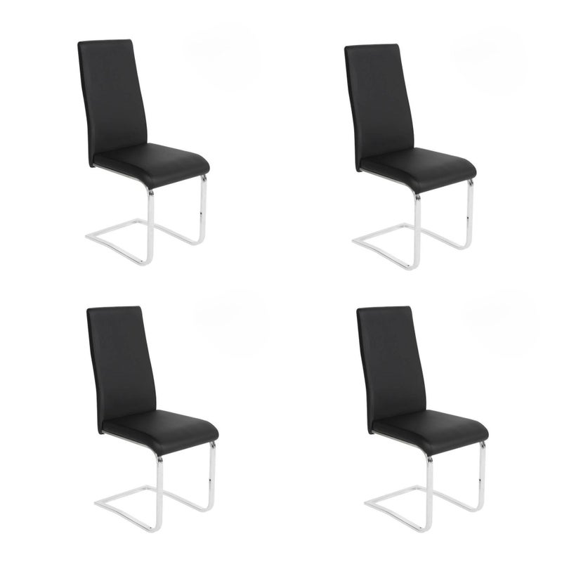 Pakiet 4 krzeseł tapicerowanych czarną sztuczną skórą z owalną rurową nogą w chromowanym wykończeniu, wymiary 46x54x110 cm