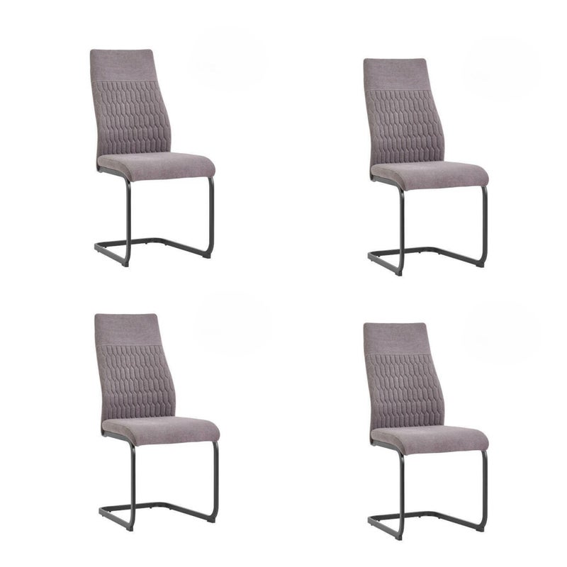 Pakiet 4 drewnianych krzeseł z piankowym wypełnieniem, tapicerowanych szarą tkaniną, czarne metalowe nogi, wymiary 44x60x99 cm