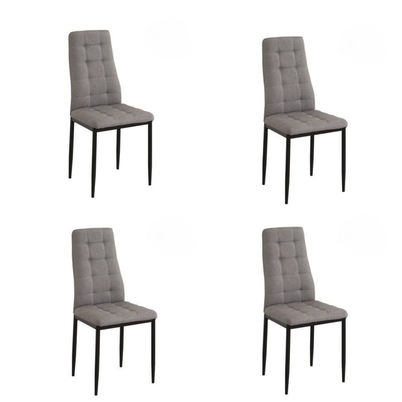 Pakiet 4 krzeseł tapicerowanych szarą sztuczną skórą z wyściełanymi szwami, czarne metalowe nogi, wymiary 43x56x96 cm