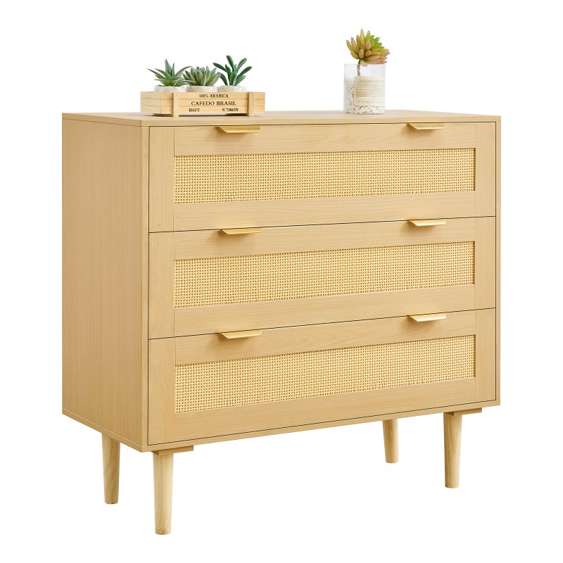 Komoda rattanowa boho z 3 szufladami 80x35x77 cm naturalne drewno do sypialni salonu i przedpokoju z dużą przestrzenią do przechowywania