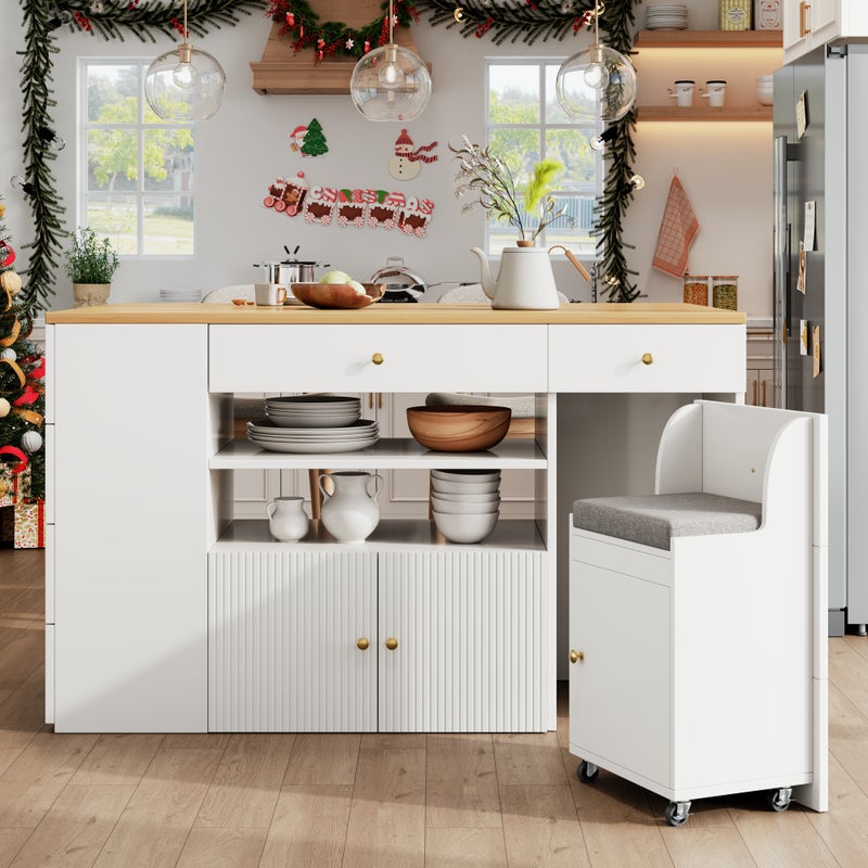 Wyspa kuchenna - Rozkładany blat - 140x70x89 cm - 3 drzwi i 6 szuflad - ze stołkami - MDF - Biała
