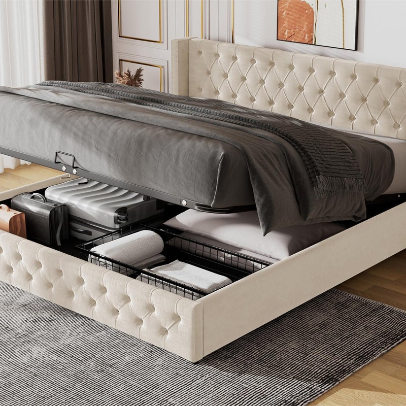 Aksamitne łóżko skrzyniowe 140x190 cm z listwową podstawą - beżowe