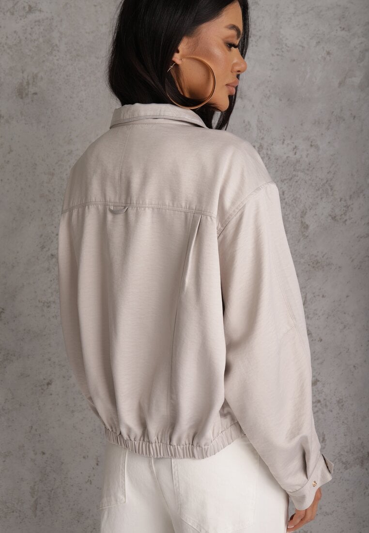 Beżowa Kurtka Bomberka Oversize z Paskami przy Rękawach Lann