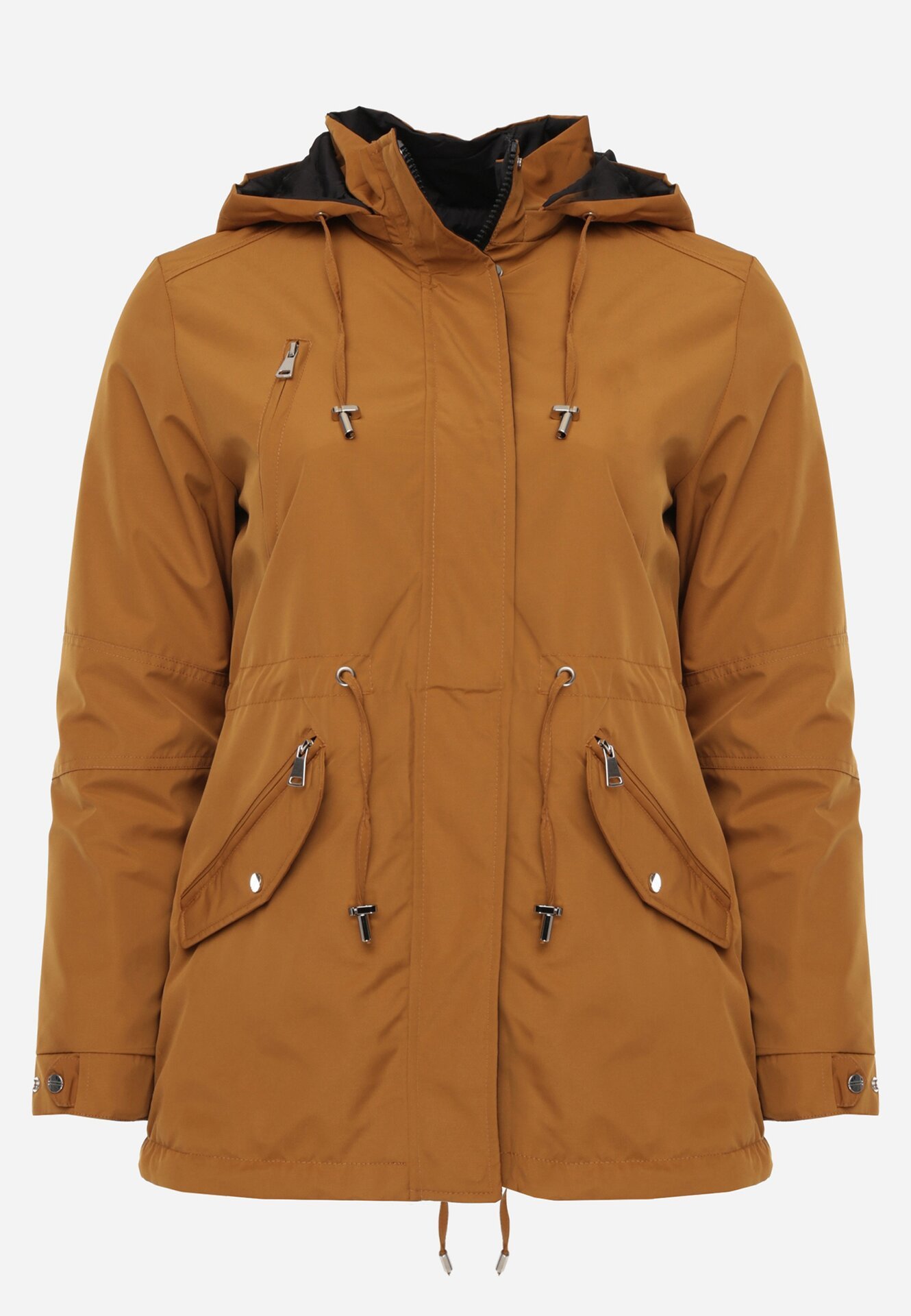 Brązowo-Czarna Przejściowa Kurtka Dwustronna Parka z Pikowaniem i Kapturem Tidare