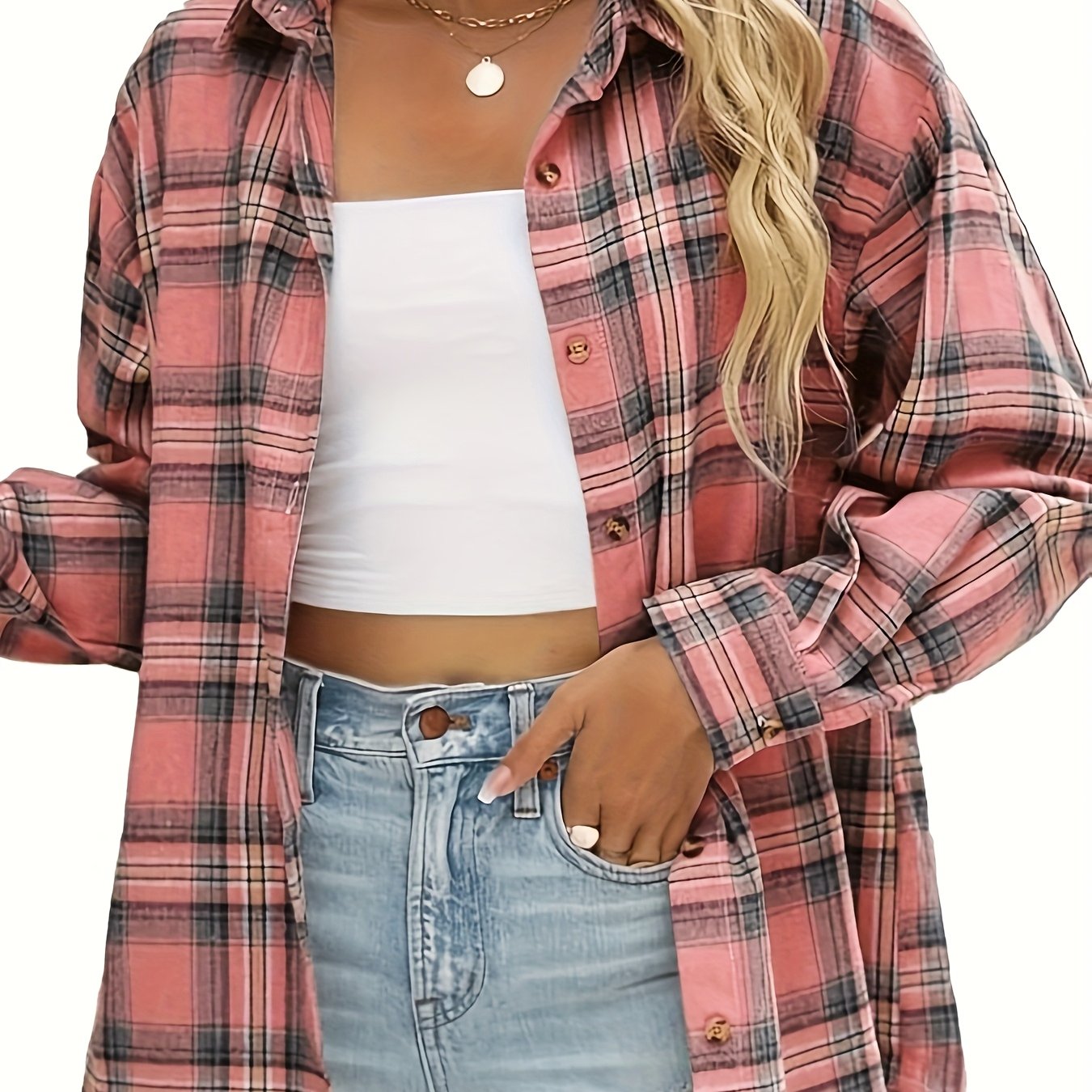 TEMU Elegancka damska koszula flanelowa w kratę, luźny krój, idealna na każdą porę roku, bluzka z długim rękawem, doskonała na wyjścia, odzież damska