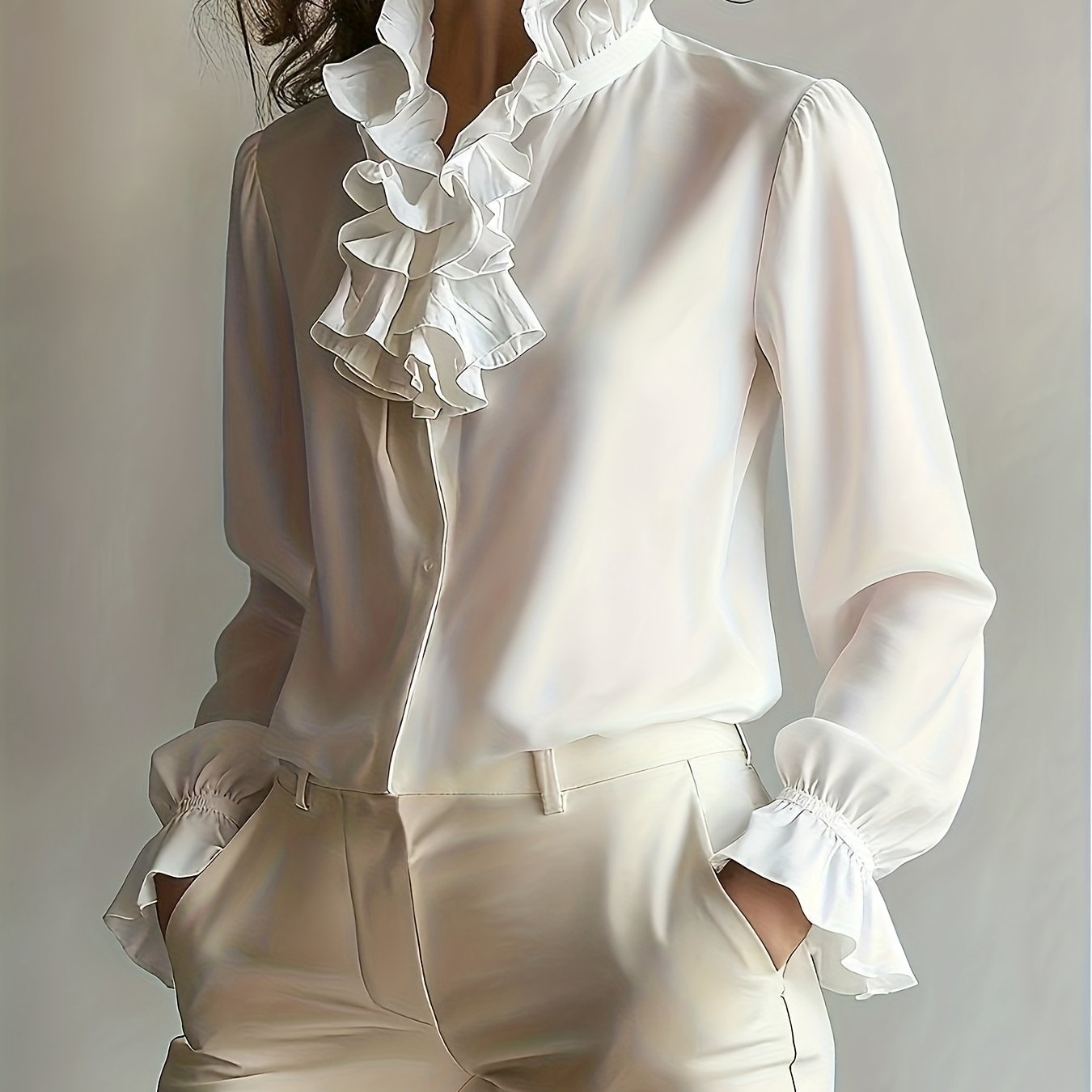 TEMU Biała bluzka z falbanką przy kołnierzyku Długi rękaw typu bubble, francuska bluzka do pracy dla kobiet, VOCKOO