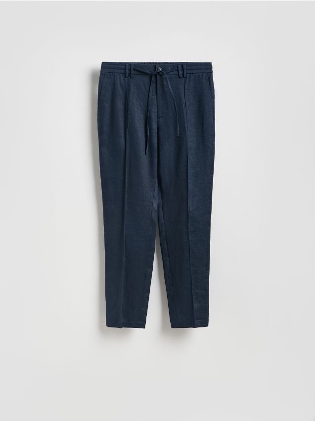 Reserved - Lniane spodnie jogger - granatowy