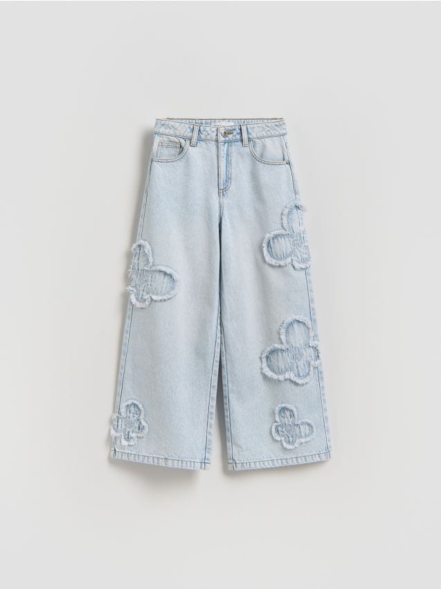 Reserved - Jeansy wide leg z aplikacjami - niebieski