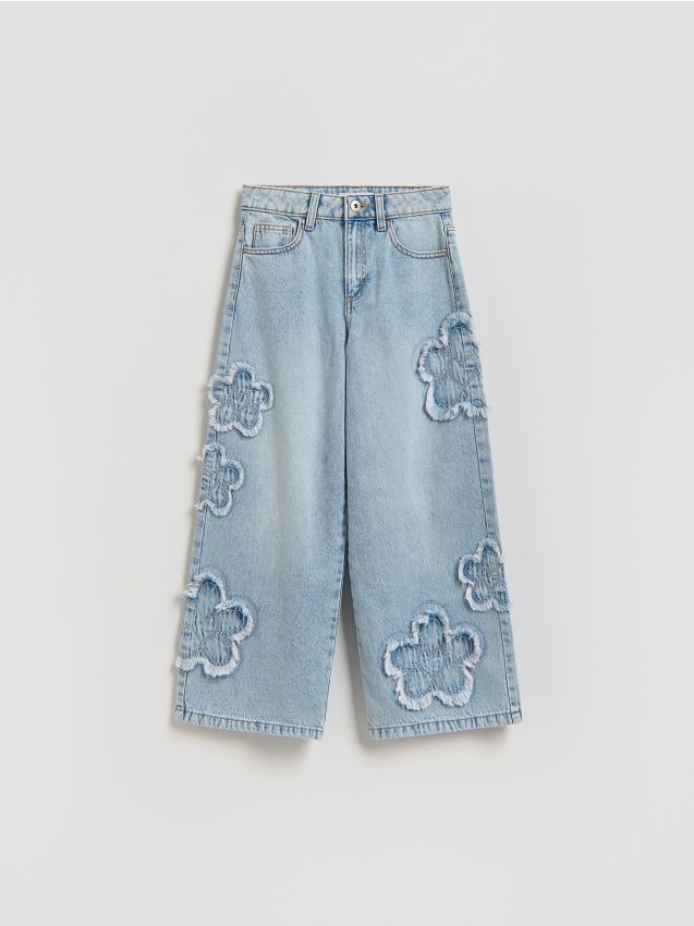 Reserved - Jeansy wide leg z aplikacjami - niebieski