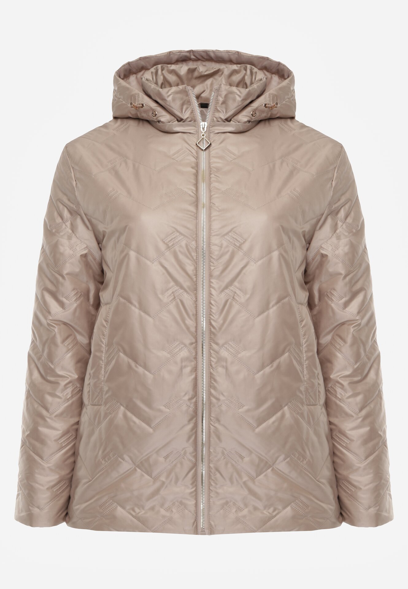 Ciemnobeżowa Pikowana Kurtka Przejściowa o Prostym Kroju z Kapturem Vimoris