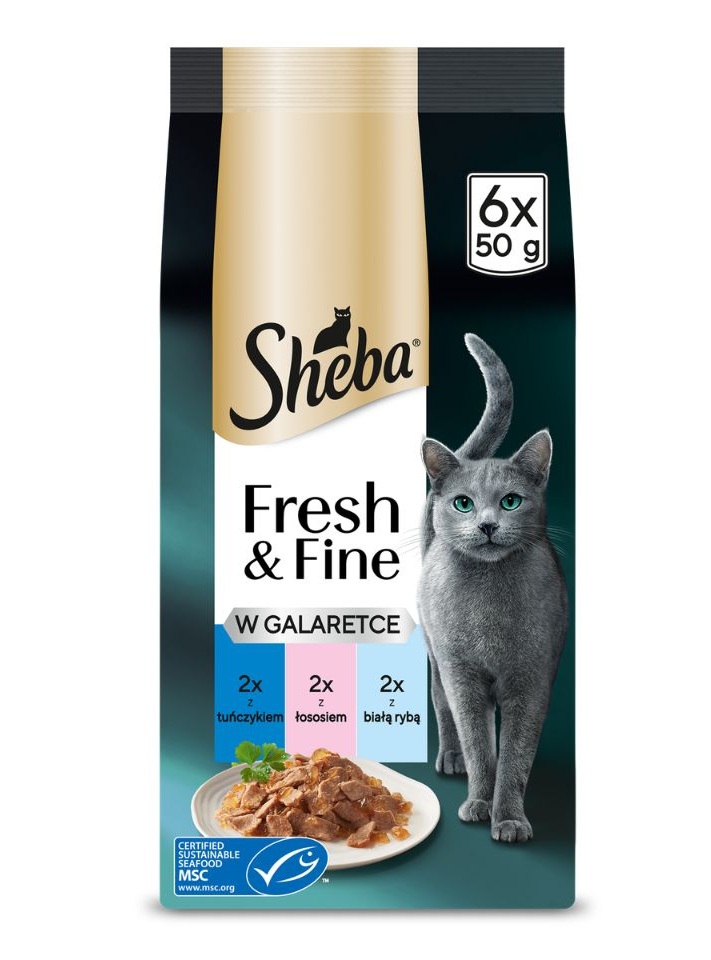 SHEBA Fresh & Fine w galaretce 6x50g z tuńczykiem, łososiem i białą rybą, mokra karma dla kotów