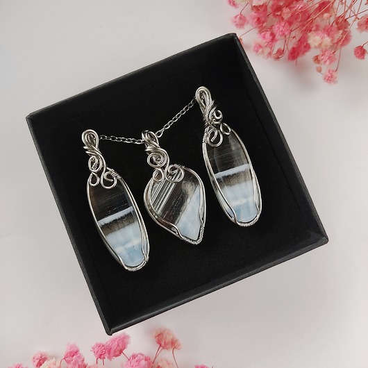 Komplet Opal Niebieski Naszyjnik i kolczyki - stal chirurgiczna wirewrapping
