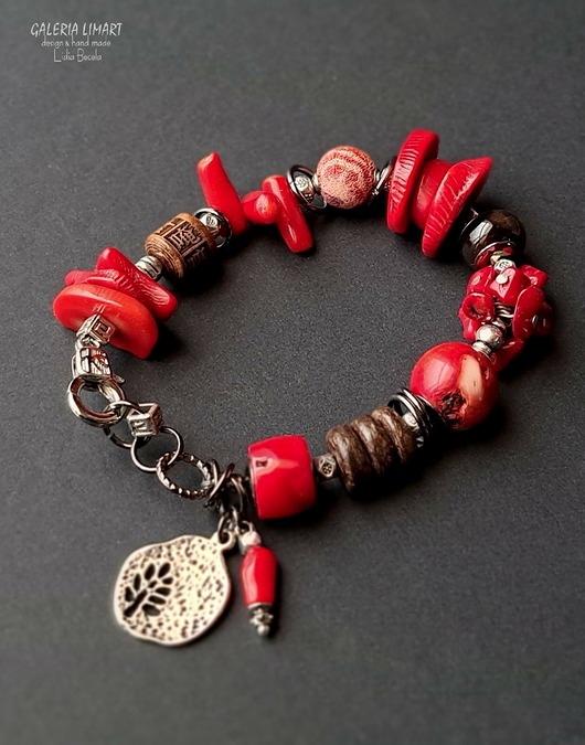 Niezwykła bransoleta boho z koralem i mixem minerałów bis prezent lux UNIKAT