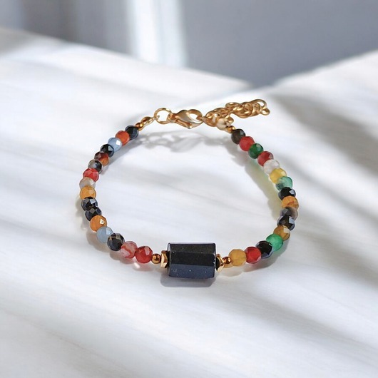 Czarny turmalin i agat jesienny : bransoletka z regulacją