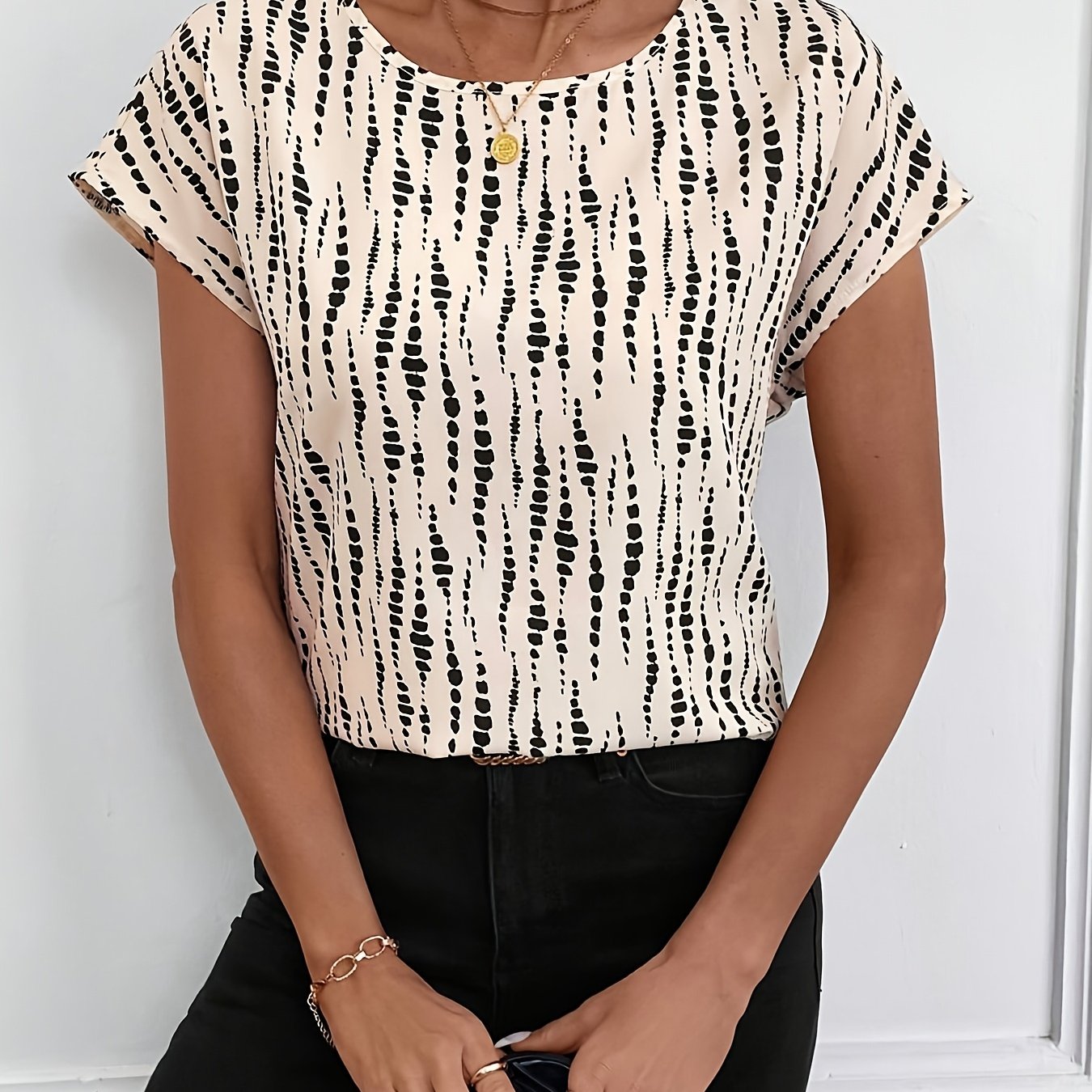 TEMU Bluza z Okrągłym Dekoltem w Geometryczne Wzory Czarno-Jasnobrązowa - Luźny Top Biznesowo-Casualowy, Strój dla Nauczycielki