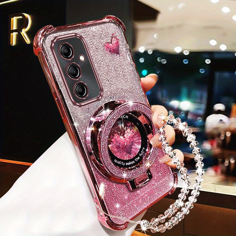 TEMU Stylowe etui na telefon A56 z kryształkami i diamentami, kompatybilne z Samsung Galaxy A56, z różowym motywem kwiatów i funkcją podstawki