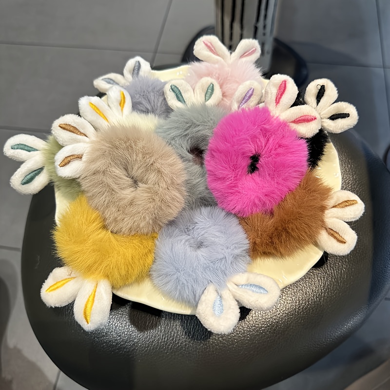 TEMU 8 szt. Zestaw gumek do włosów z pluszowym królikiem na jesień i zimę, wielokolorowe elastyczne gumki do włosów, gumki do kucyków, miękkie i