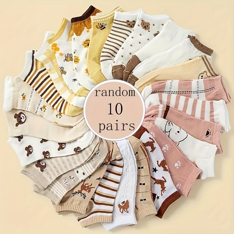 TEMU 10 par losowych, krótkich skarpetek damskich z motywami zwierząt z kreskówek, idealne na wiosnę i jesień, w stylu japońskim i koreańskim