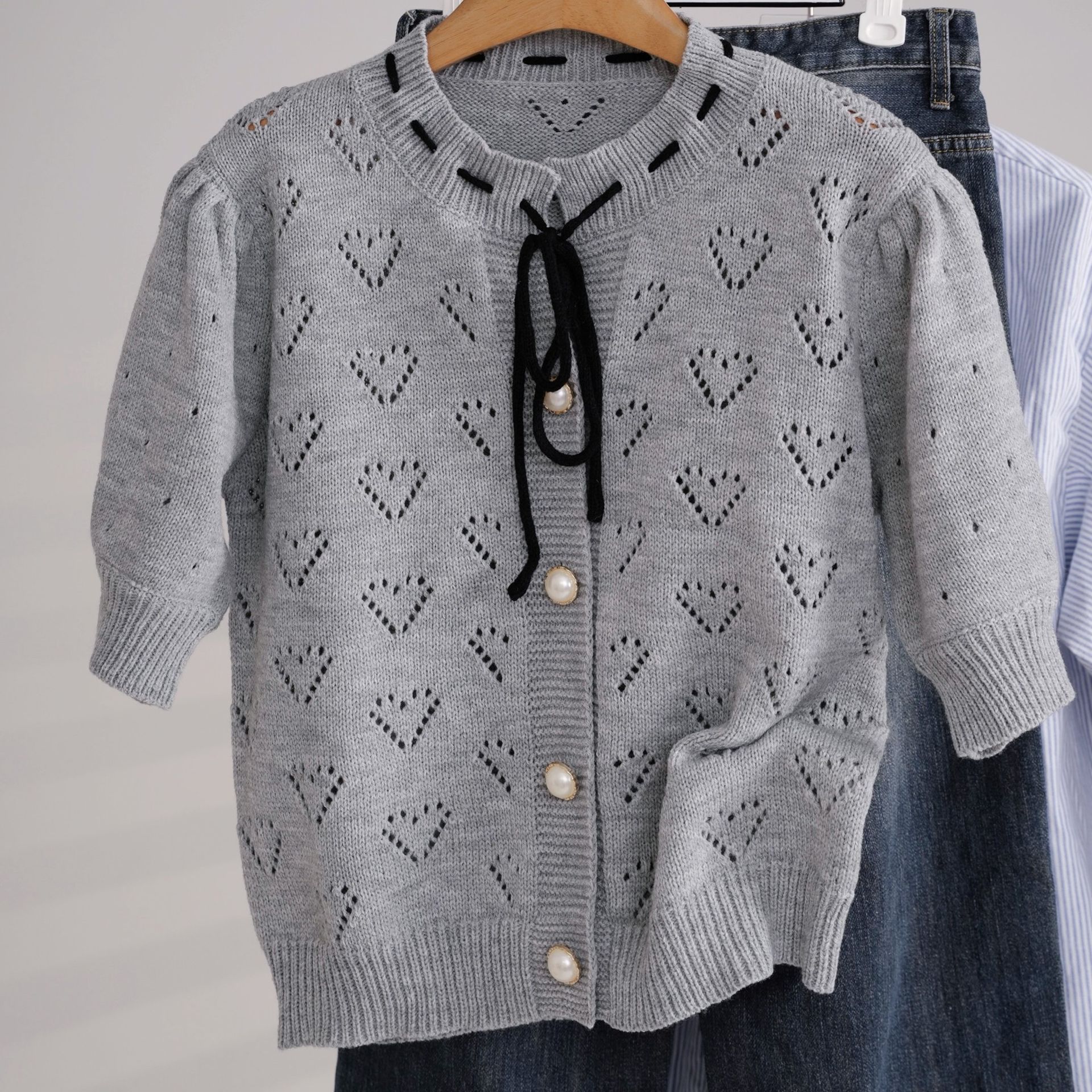 TEMU Bluzki wiosenno-letnie, cienkie, z motywem , szare, z krótkim rękawem, kardigan sweter Okrągły dekolt, kokarda, sznurowane, casualowy styl,