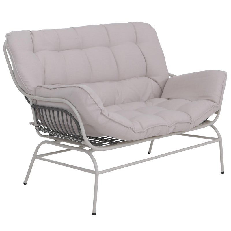 Sofa 2-osobowa HWC-P75, sofa ogrodowa Ławka ogrodowa Kanapa 2-osobowa, tkanina 220 g/m² Polirattan Metal ~ jasnoszary, tapicerka beżowa