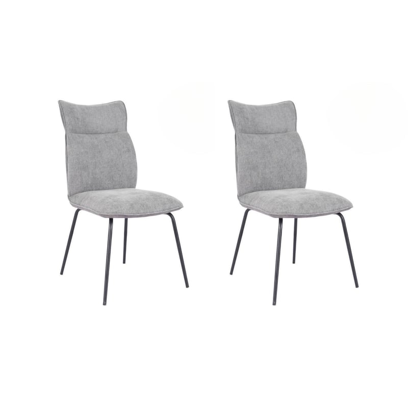 Pakiet 2 krzeseł tapicerowanych szarą tkaniną z czarnymi nogami, ergonomicznym i wyściełanym siedzeniem oraz oparciem, wymiary 65x46x95 cm