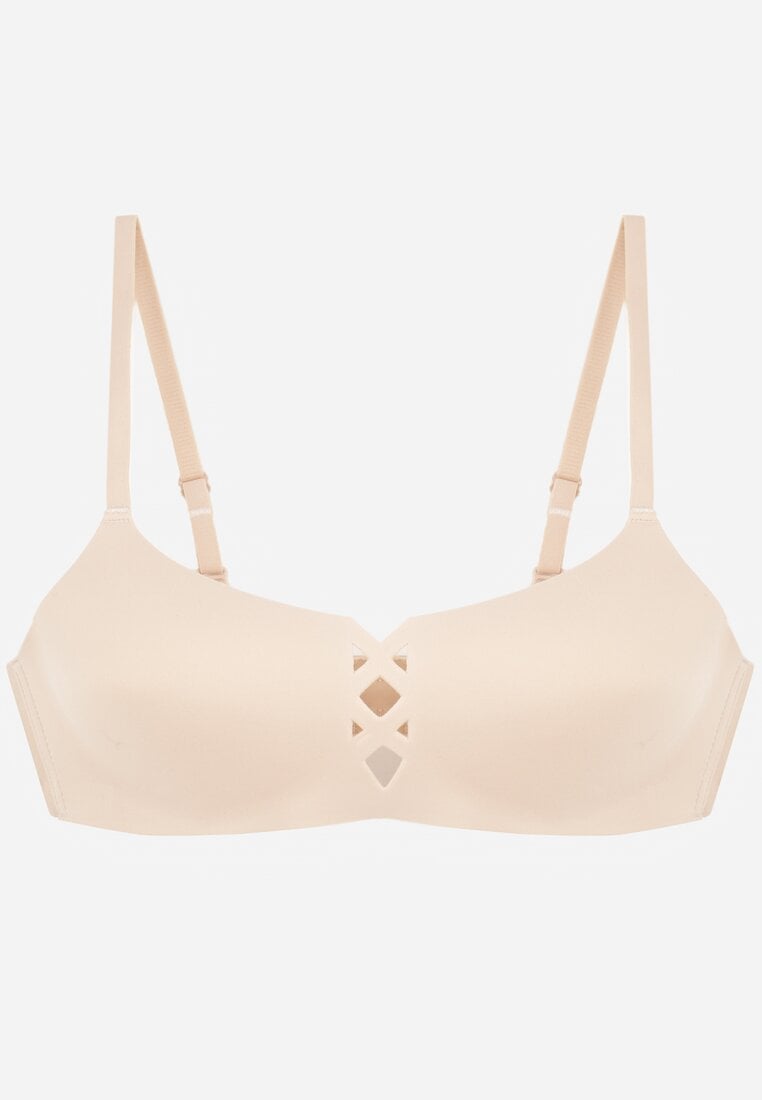 Beżowy Biustonosz o Gładkim Wykończeniu z Imitacją Wiązania Azisene