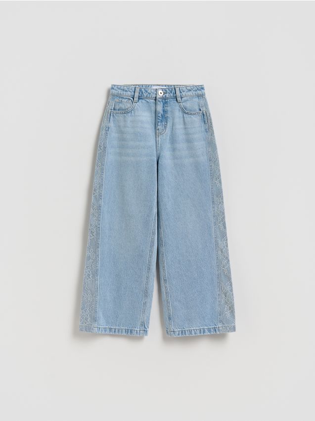 Reserved - Jeansy super wide leg z koronką - niebieski