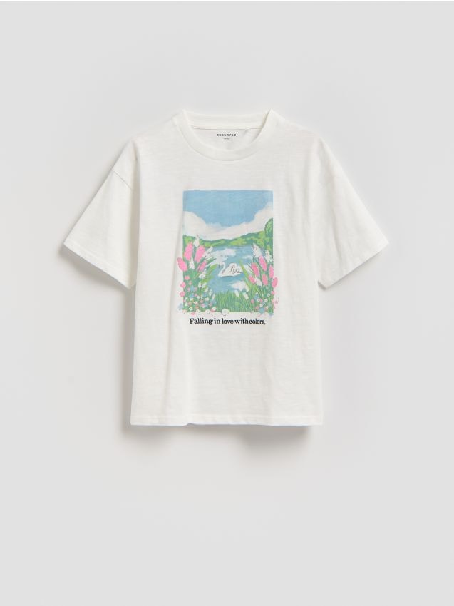 Reserved - T-shirt z aplikacją - złamana biel