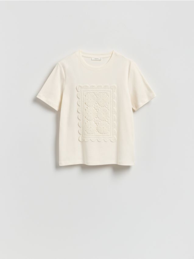 Reserved - T-shirt z haftem - złamana biel