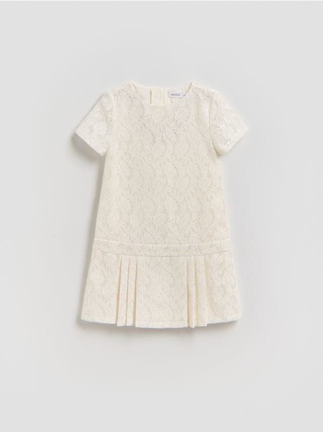 Reserved - Koronkowa sukienka z cekinami - złamana biel