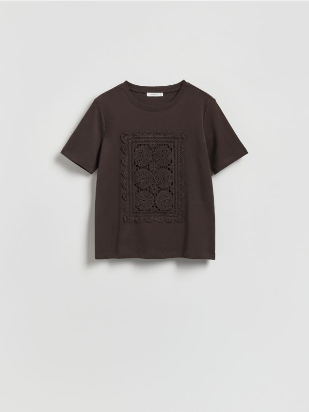 Reserved - T-shirt z haftem - ciemnobrązowy