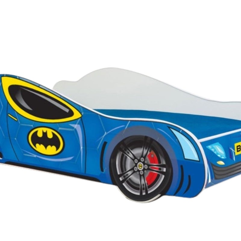 Łóżko dziecięce Batcar niebieskie 140x70 cm – Zawiera materac, sportowy i zabawny design, kompaktowa i bezpieczna konstrukcja