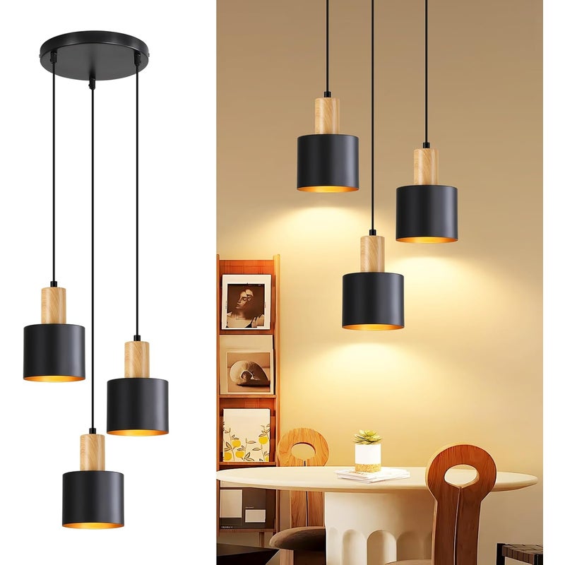 NETTLIFE Lampa Wisząca Loft Vintage Czarno-Złota E27 Żyrandol 3-płomienna do Jadalni Kuchni Stół Wyspa Regulowana Wysokość (Bez żarówek)