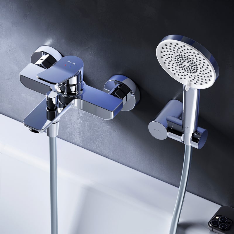 Mechaniczna bateria wannowa z główką prysznicową i stojakiem Chromowana bateria łazienkowa, X-Joy FXA15000 AM.PM
