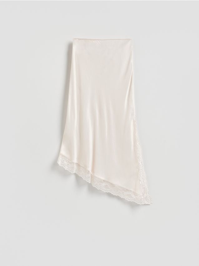 Reserved - Asymetryczna spódnica z koronką - kremowy