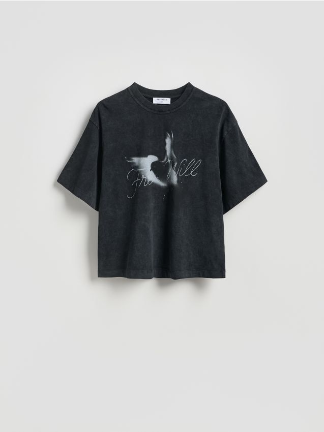 Reserved - T-shirt boxy z efektem sprania - ciemnoszary