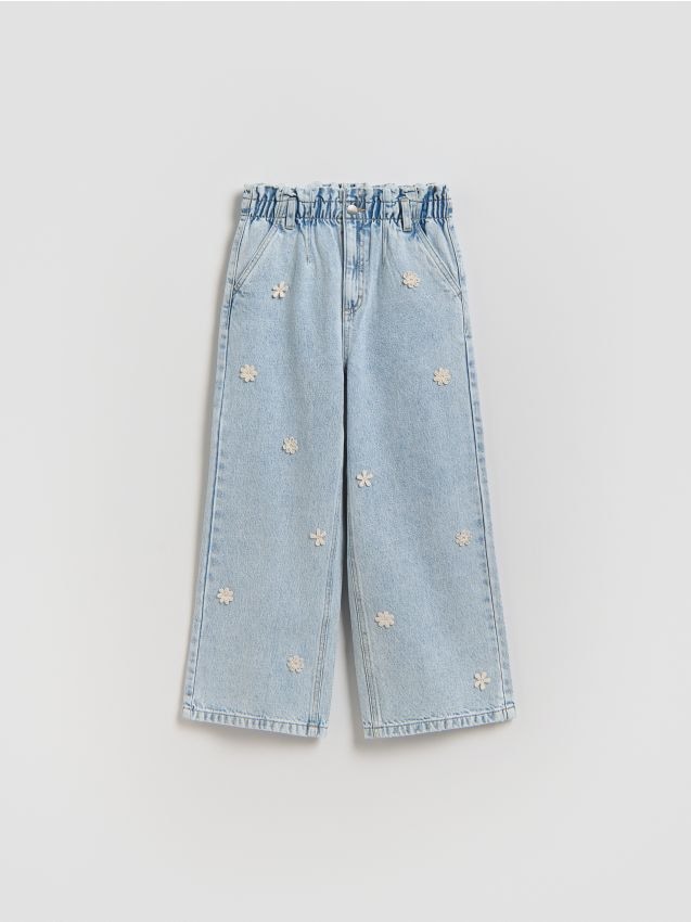 Reserved - Jeansy wide leg z aplikacją - niebieski
